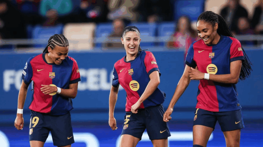 Jogadoras do Barcelona comemoram gol diante do Wolfsburg, pela Champions Feminina - Foto: Divulgação/Barcelona