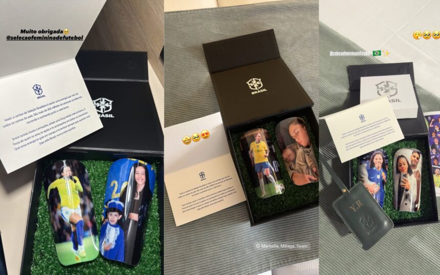 Jogadoras da Seleção Brasileira Feminina ganham caneleiras personalizadas.